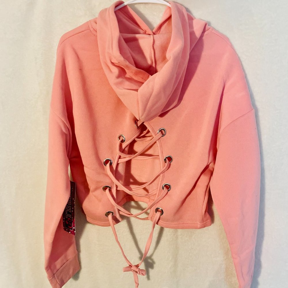 Pink Knit Lace-up Back Crop Hoodie
